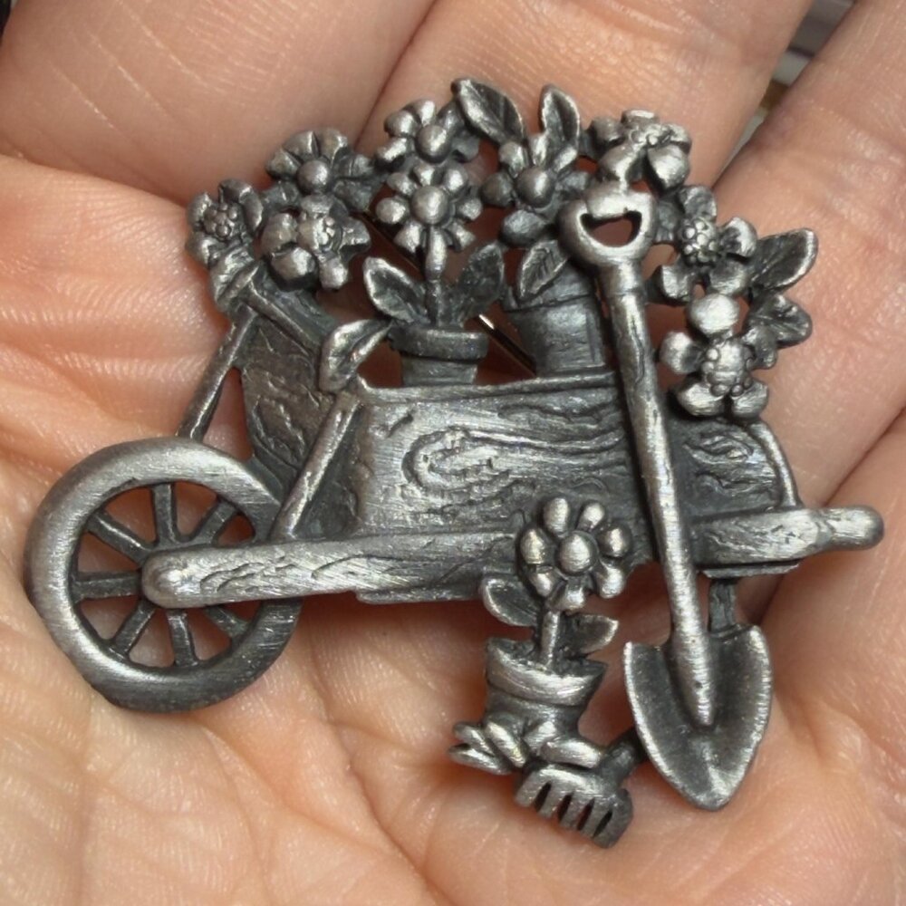 AJC Vintage Flower Wheelbarrow Brooch Garden Tools Figural Pin 1.6 Inch